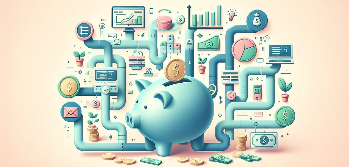 An infographic-style illustration showing multiple income streams flowing into a central piggy bank,