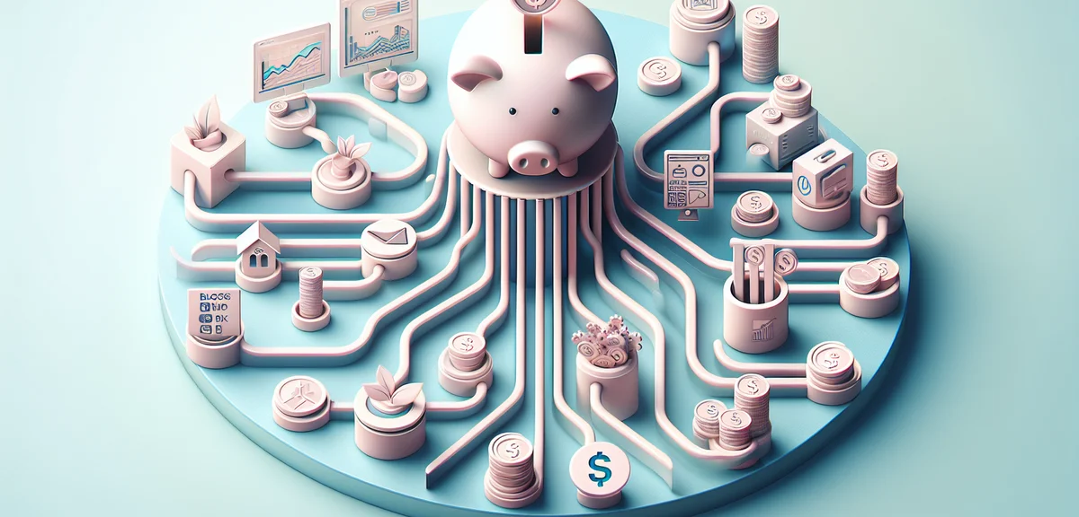 An infographic-style illustration showing multiple income streams flowing into a central piggy bank,