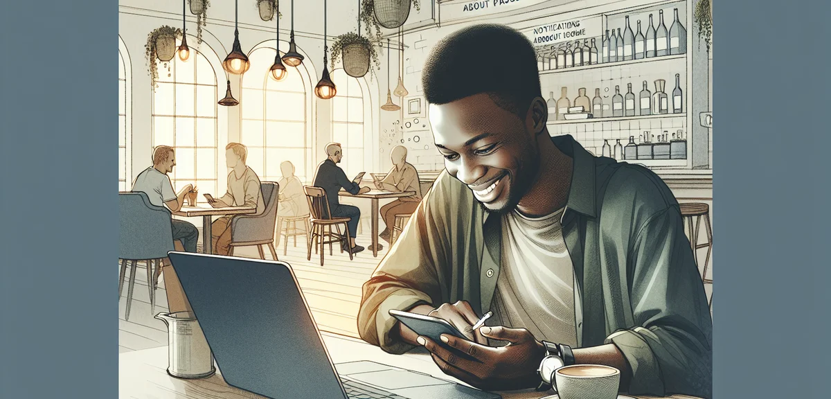 A person relaxing at a cafe with a laptop, smiling while checking passive income notifications on th