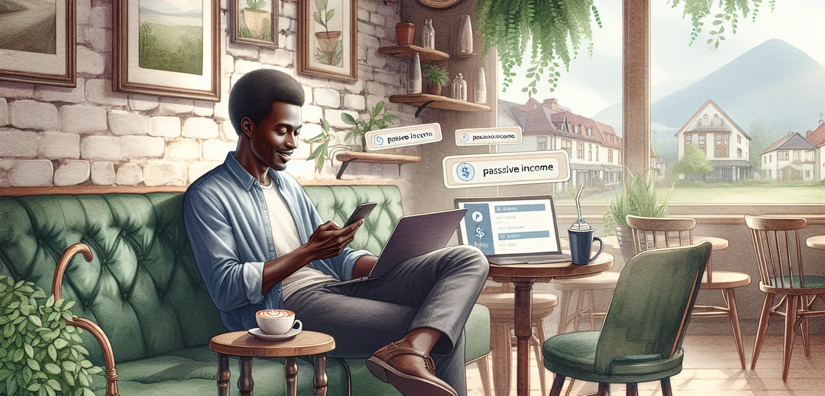 A person relaxing at a cafe with a laptop, smiling while checking passive income notifications on th