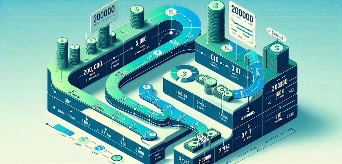 A timeline roadmap illustration showing milestones from 0 to 200000 yen, with checkpoints at 3 month