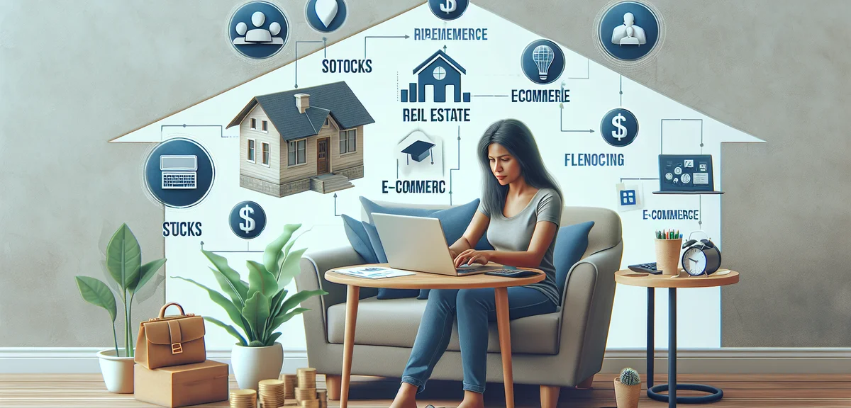 A person working on laptop with multiple income streams visualized, home office setting, illustratio