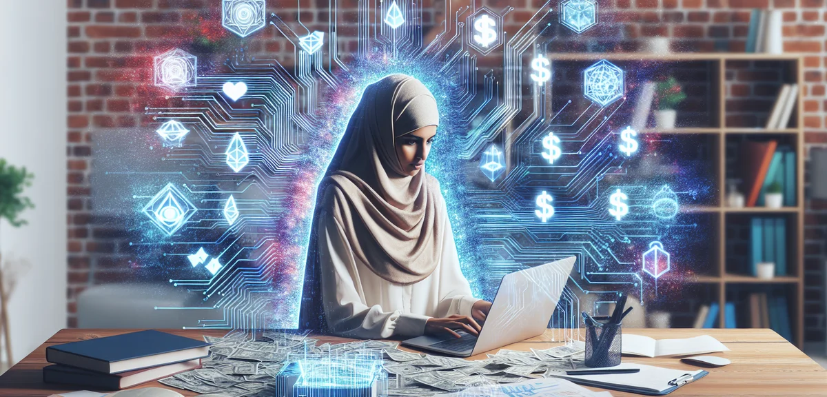 A person working on laptop with multiple income streams visualized, home office setting, illustratio