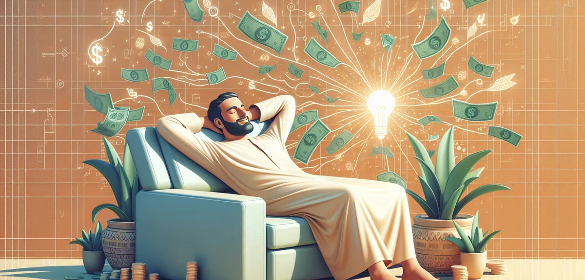 A happy person relaxing while money grows automatically, representing passive income lifestyle, warm