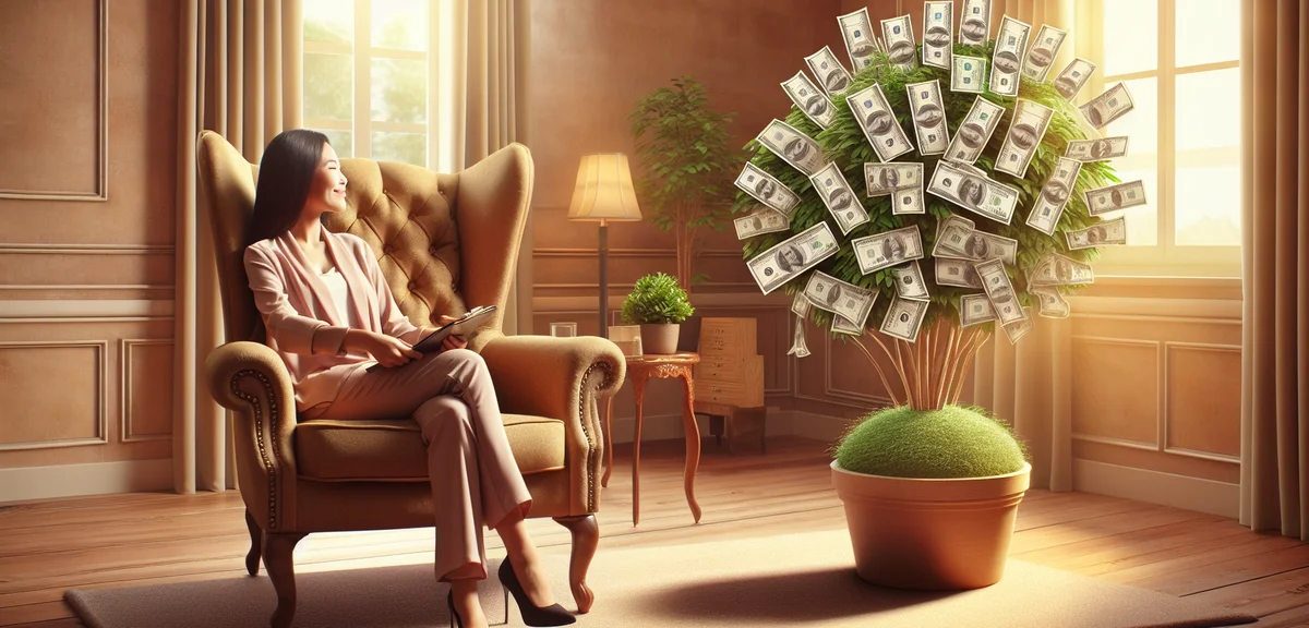 A happy person relaxing while money grows automatically, representing passive income lifestyle, warm