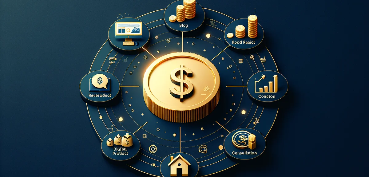 An elegant infographic showing five income streams converging into a large golden coin labeled 50000