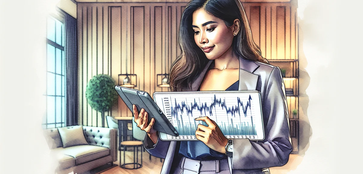 A person in business casual attire reviewing a diversified investment portfolio on a tablet in a mod