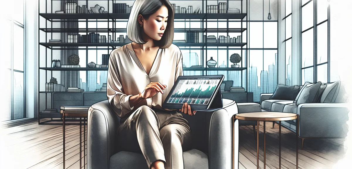 A person in business casual attire reviewing a diversified investment portfolio on a tablet in a mod