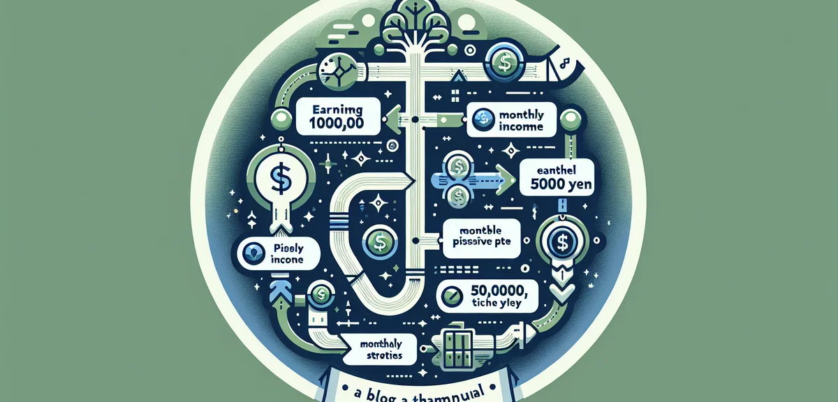 A step-by-step roadmap illustration from 100000 yen to 500000 yen monthly passive income, with miles