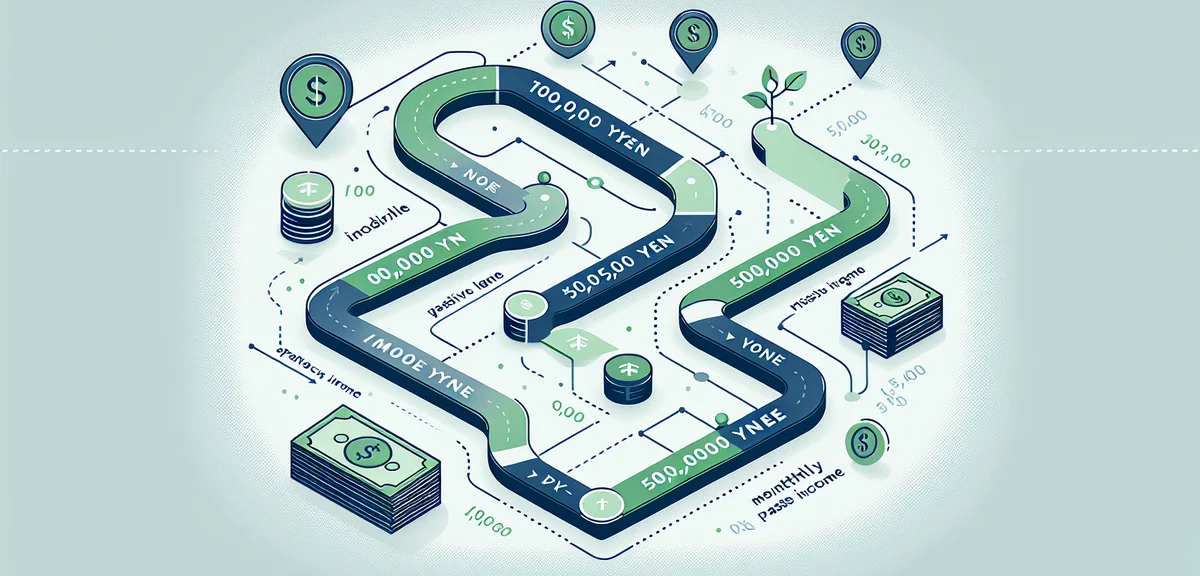 A step-by-step roadmap illustration from 100000 yen to 500000 yen monthly passive income, with miles
