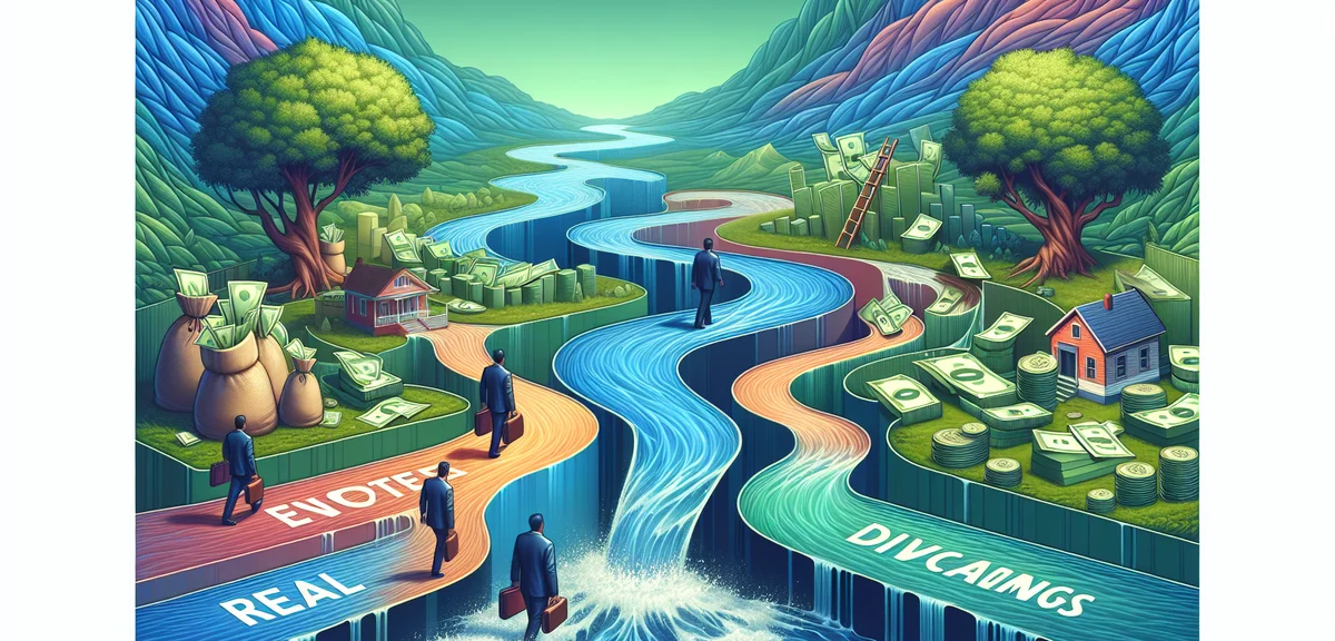 Multiple income streams illustrated as flowing rivers merging into one large stream, real estate sto