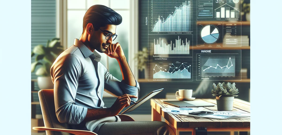 A person reviewing financial charts and income reports on a tablet at a cozy home desk, relaxed and 