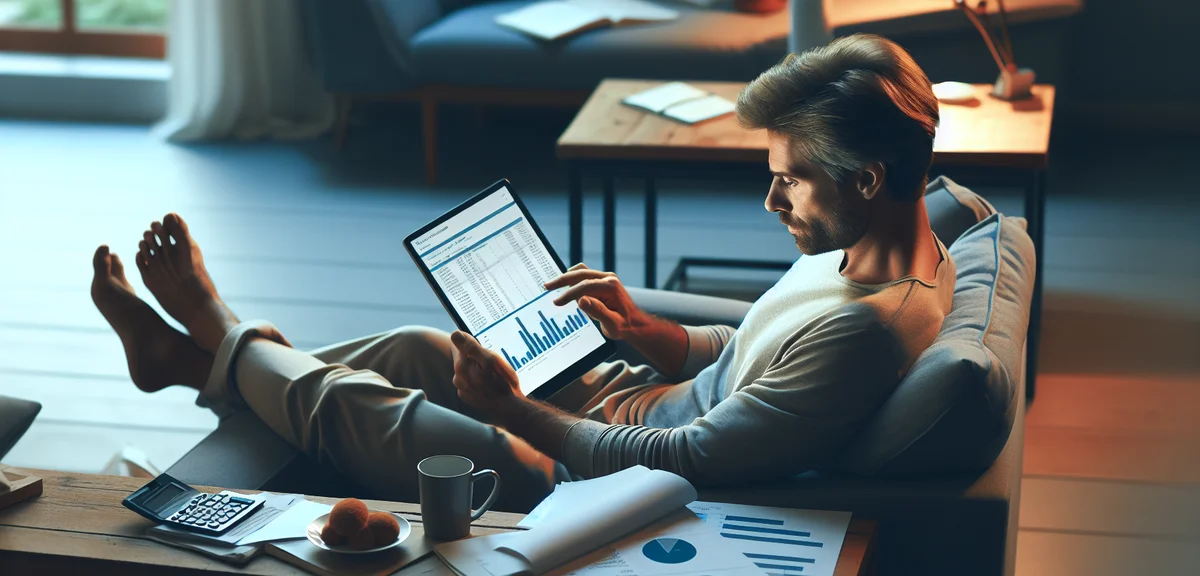 A person reviewing financial charts and income reports on a tablet at a cozy home desk, relaxed and 