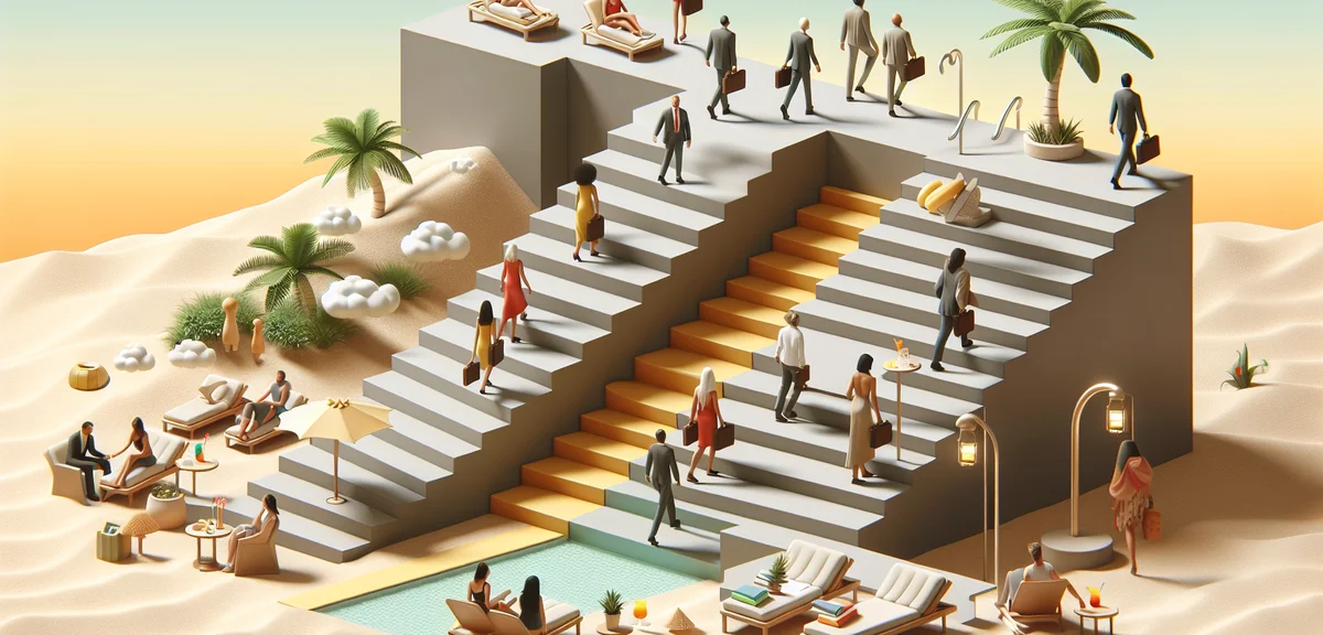 A step-by-step staircase illustration showing the journey from employee to passive income lifestyle,