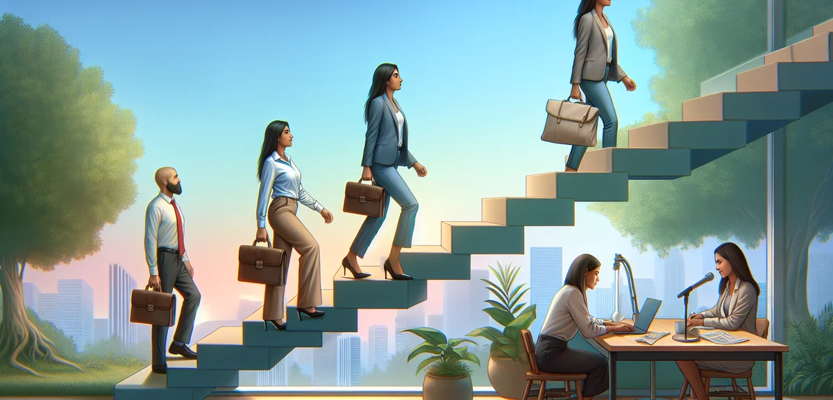 A step-by-step staircase illustration showing the journey from employee to passive income lifestyle,