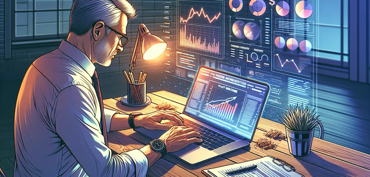 A person researching passive income methods on a laptop at a clean desk, with charts and graphs on s