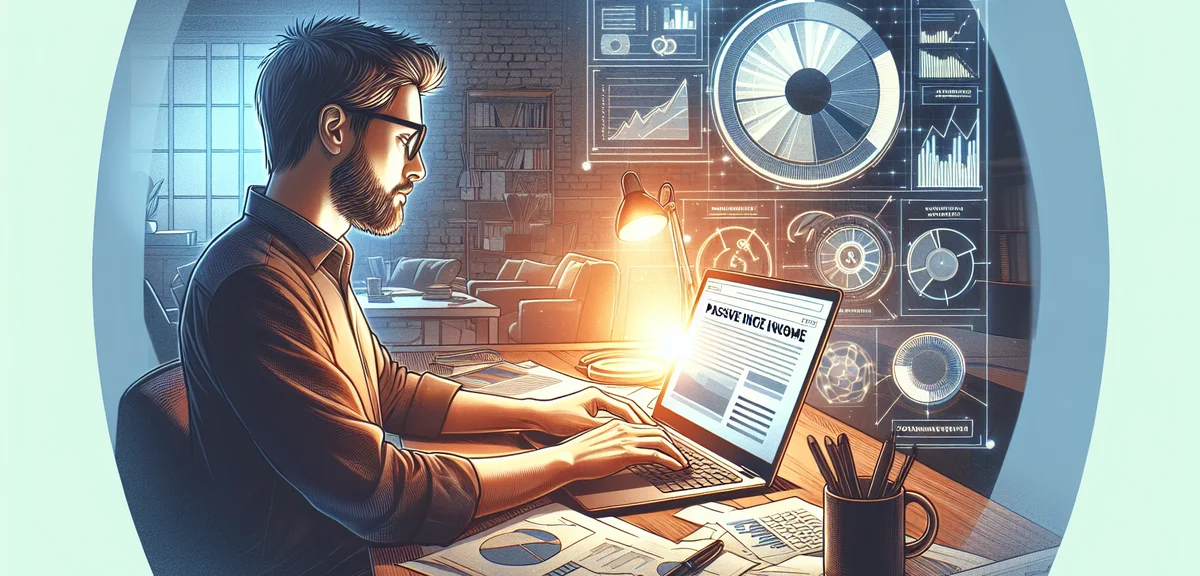 A person researching passive income methods on a laptop at a clean desk, with charts and graphs on s