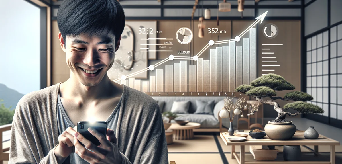 A person smiling while looking at a smartphone showing blog analytics and revenue growth, modern Jap
