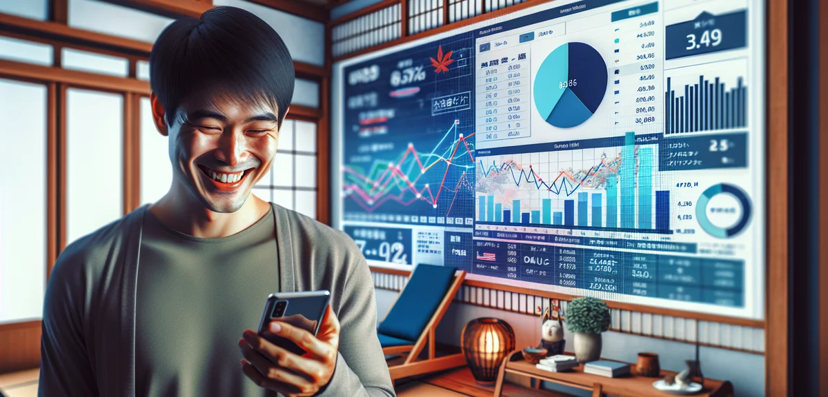 A person smiling while looking at a smartphone showing blog analytics and revenue growth, modern Jap