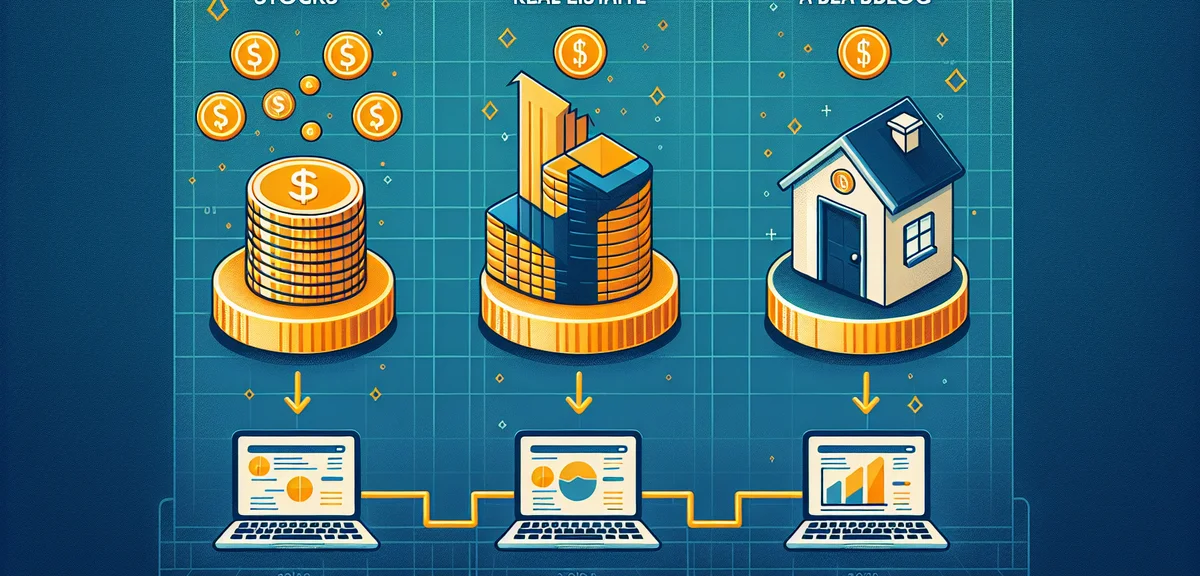 An infographic comparing three paths to passive income: stocks with large coin stack, real estate wi