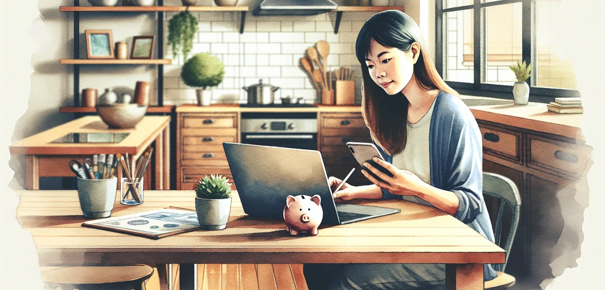 A person sitting at a kitchen table with a laptop and smartphone, researching investment options wit
