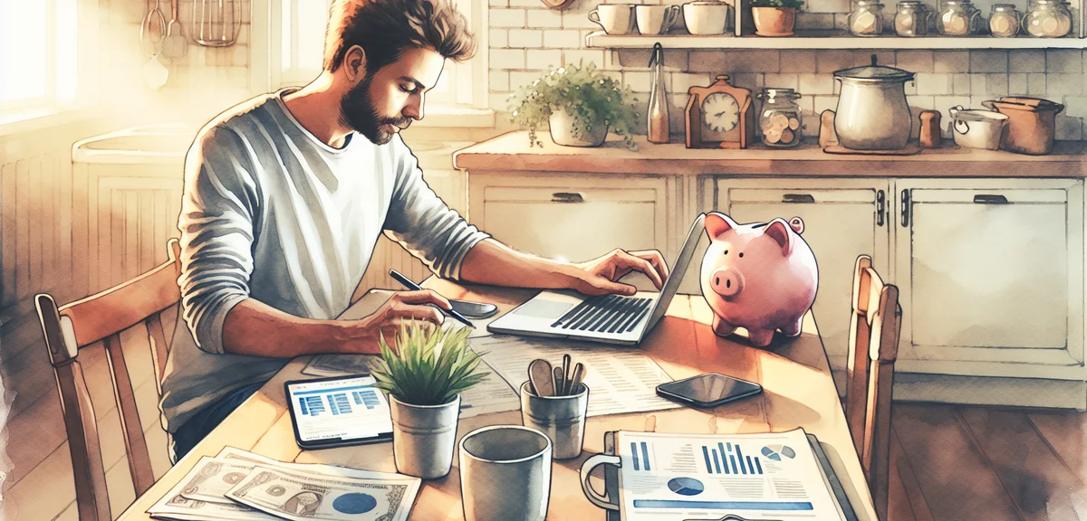 A person sitting at a kitchen table with a laptop and smartphone, researching investment options wit