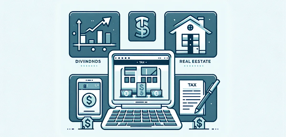 Different types of passive income illustrated as icons - dividends, real estate, blog - with tax lab