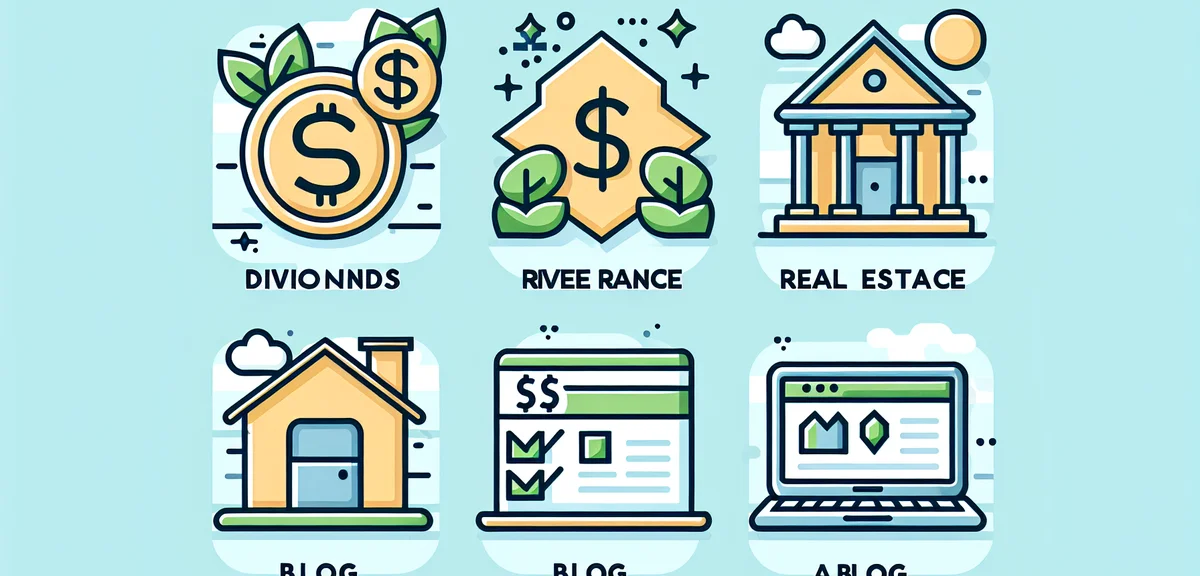 Different types of passive income illustrated as icons - dividends, real estate, blog - with tax lab