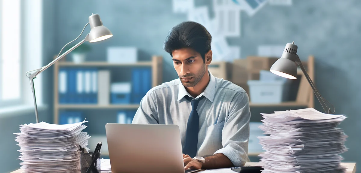 A person filing tax return documents at a desk with a laptop, organized and calm atmosphere, illustr