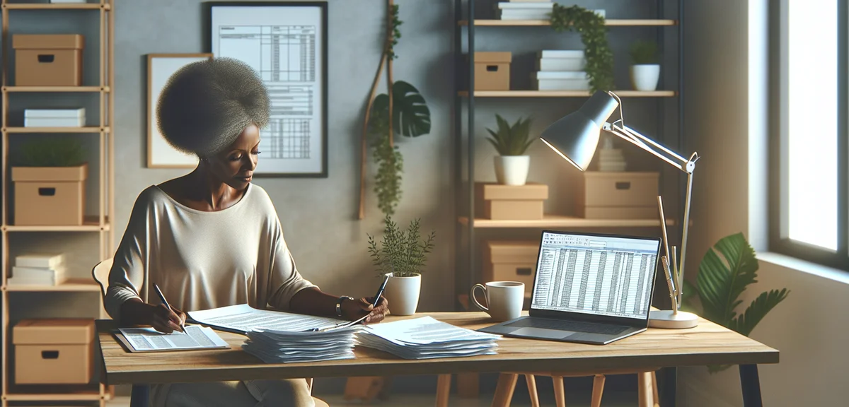 A person filing tax return documents at a desk with a laptop, organized and calm atmosphere, illustr