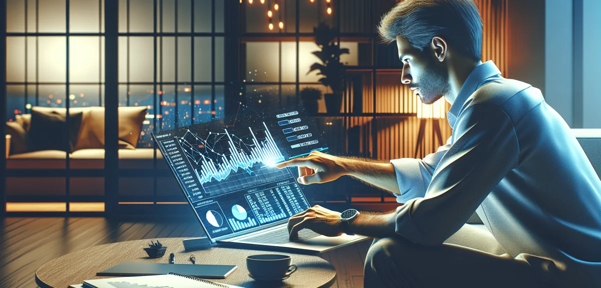 A person studying investment options on a laptop with charts and pie graphs on screen, bright modern