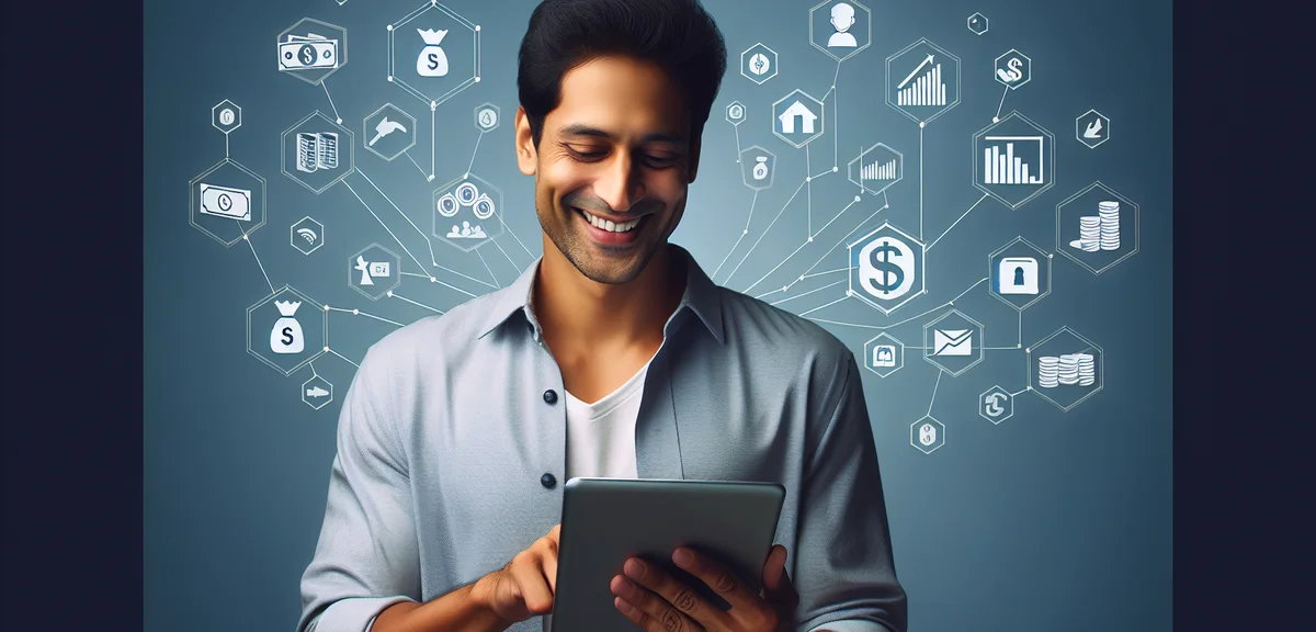 A happy person reviewing multiple income streams on a tablet, with small icons representing differen