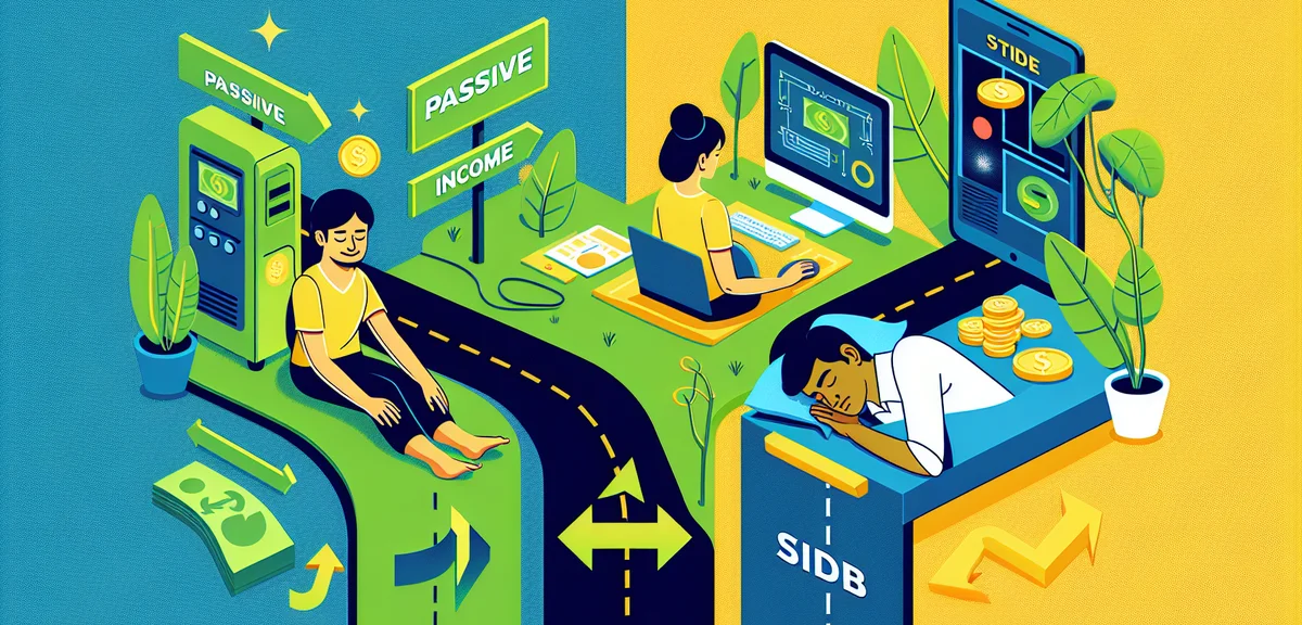 An illustration showing two paths diverging: one labeled passive income with automated systems and s