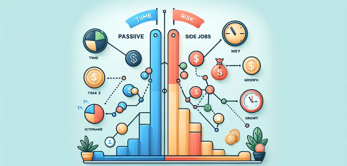 A comparison chart-style illustration showing passive income and side job characteristics side by si