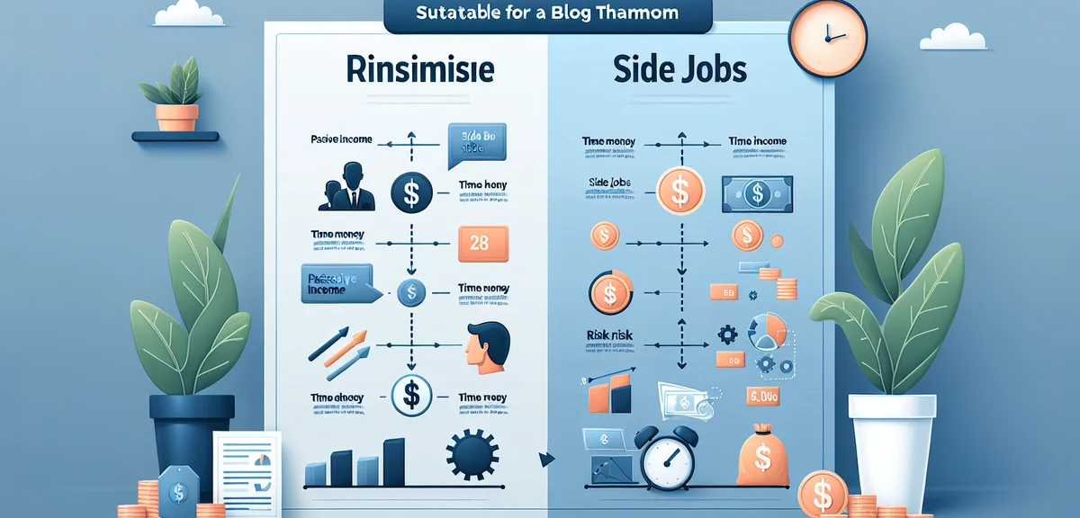 A comparison chart-style illustration showing passive income and side job characteristics side by si