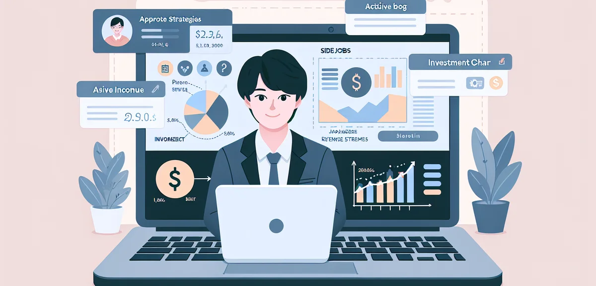 An illustration of a Japanese person combining passive income and side job strategies, with a laptop