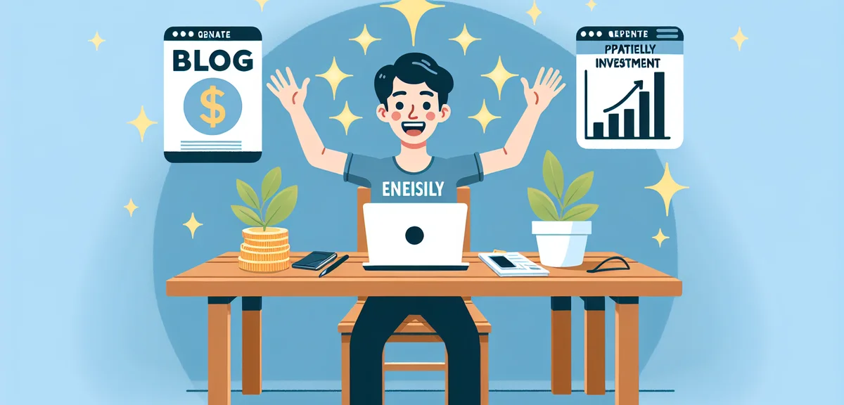 An illustration of a Japanese person combining passive income and side job strategies, with a laptop