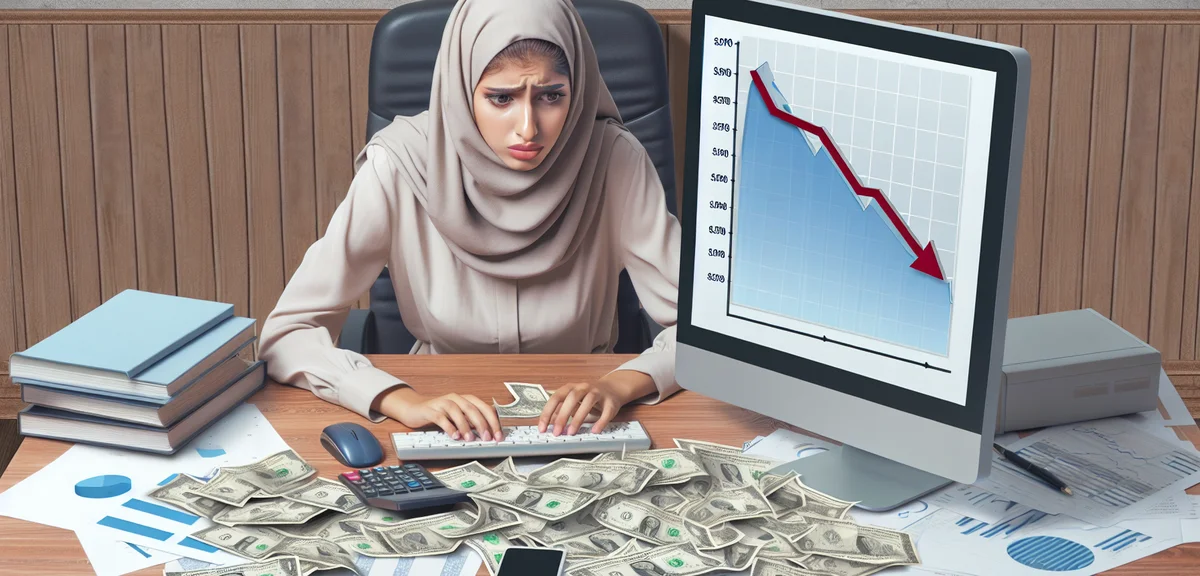 Person frustrated at computer with declining chart, scattered bills, stressed expression, realistic 