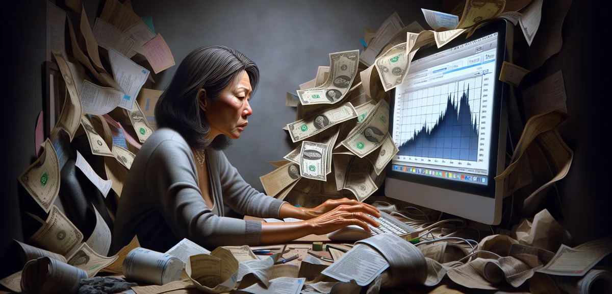 Person frustrated at computer with declining chart, scattered bills, stressed expression, realistic 