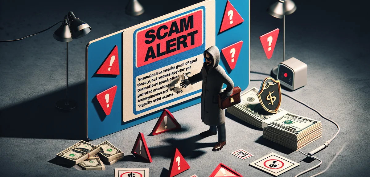 Scam alert concept, shady figure offering too-good-to-be-true deal, red warning flags, protective sh