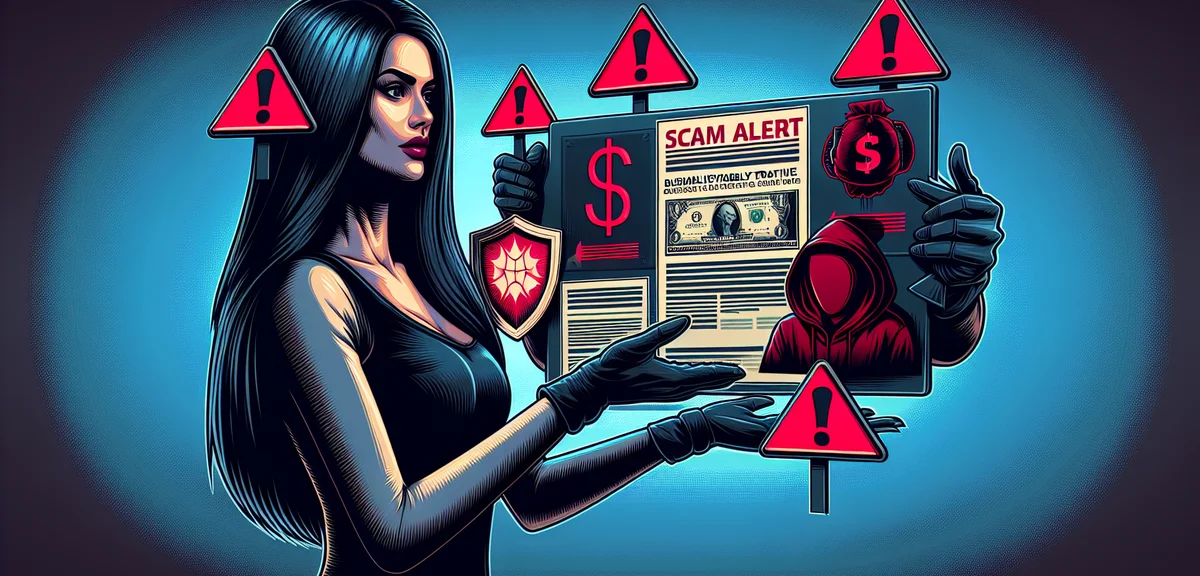 Scam alert concept, shady figure offering too-good-to-be-true deal, red warning flags, protective sh