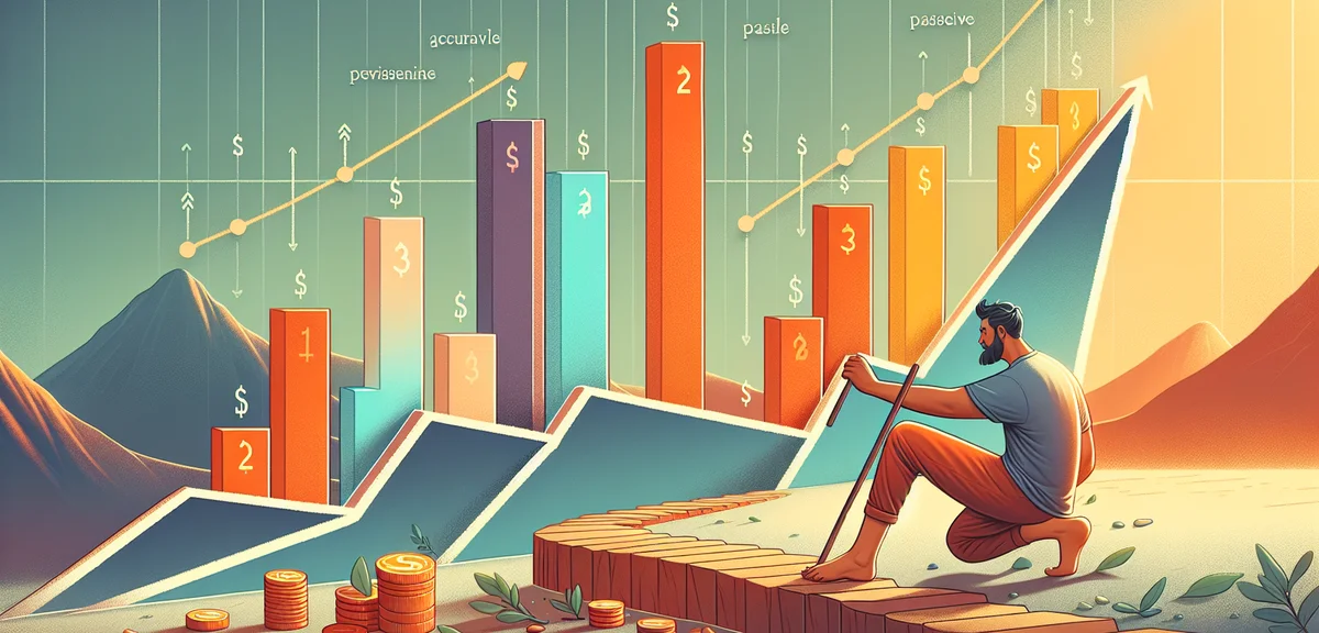 Person taking small careful steps on a safe path toward passive income goal, gradual growth chart, e