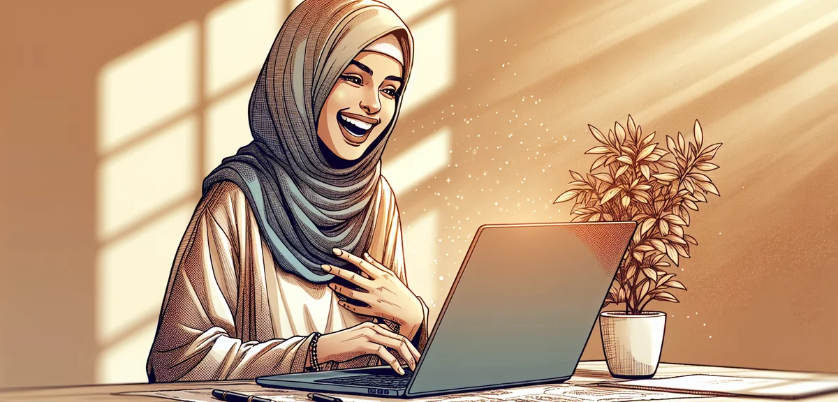A person happily typing on a laptop at a clean desk with a small plant, warm lighting, digital illus