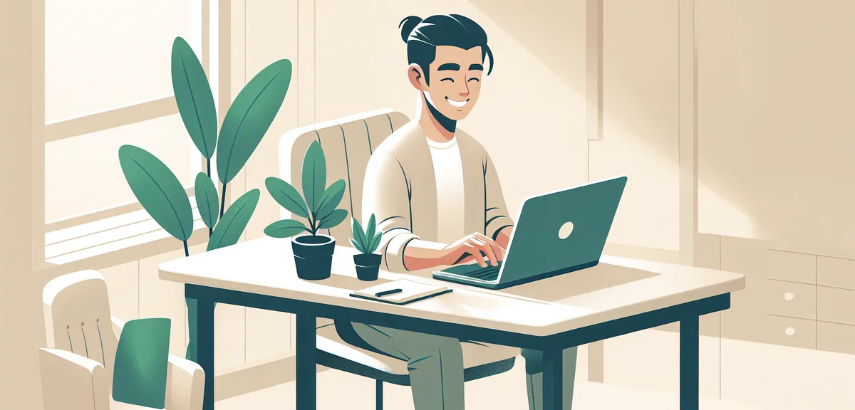A person happily typing on a laptop at a clean desk with a small plant, warm lighting, digital illus