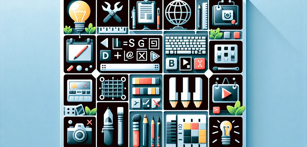 Split screen illustration showing various online work icons: writing, coding, video editing, data en