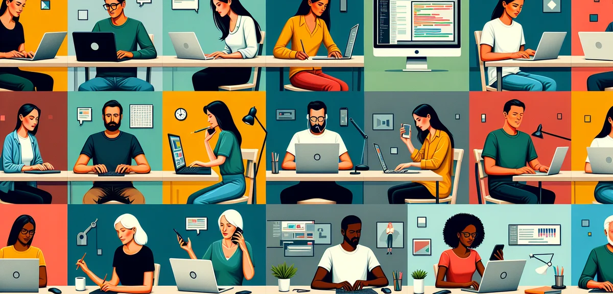 Split screen illustration showing various online work icons: writing, coding, video editing, data en