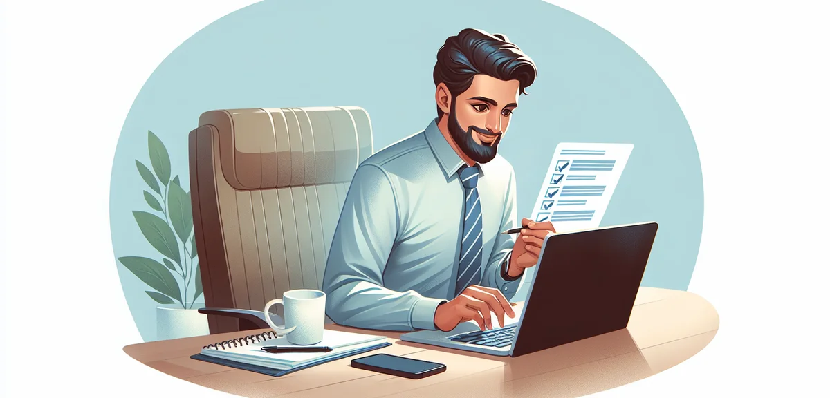 A beginner sitting at a desk with a laptop, looking confident with a checklist on screen, soft color