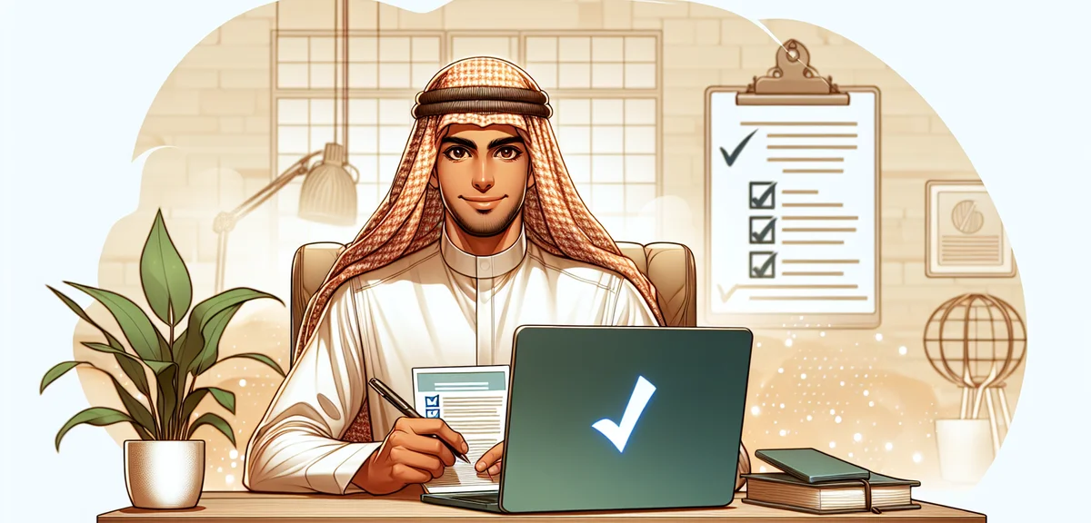 A beginner sitting at a desk with a laptop, looking confident with a checklist on screen, soft color