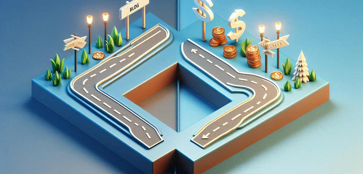 二つの道を比較するイラスト、一方は成功とお金のシンボルに向かい、もう一方は行き止まりに向かう、クリーンでモダンなスタイル