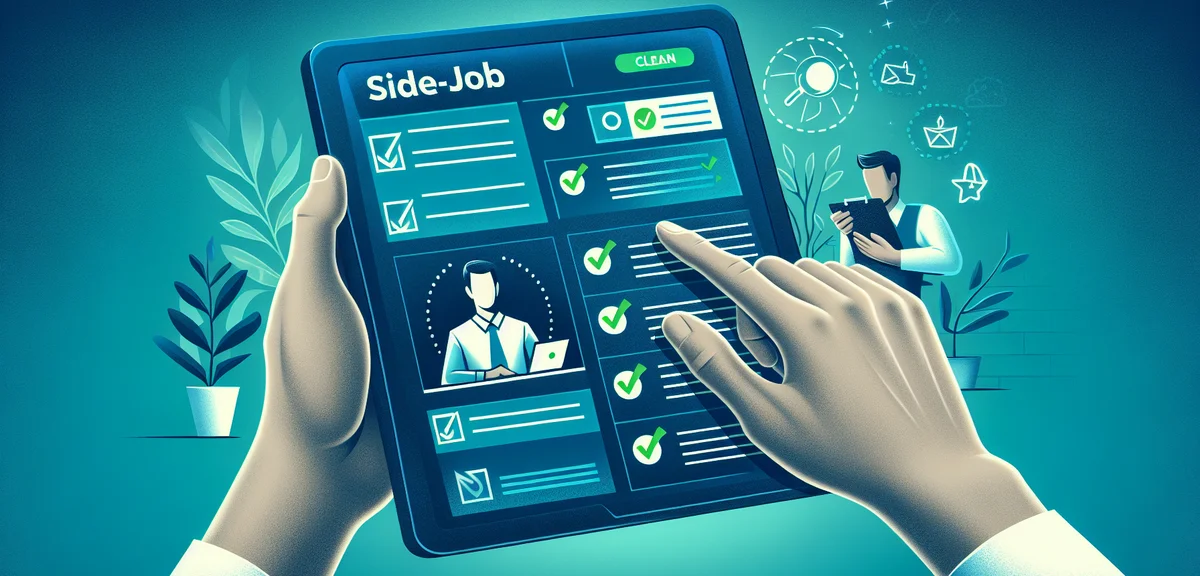 タブレット画面でさまざまな副業オプションをチェックマークと評価で分析する人物、モダンなフラットイラスト、青と緑のトーン